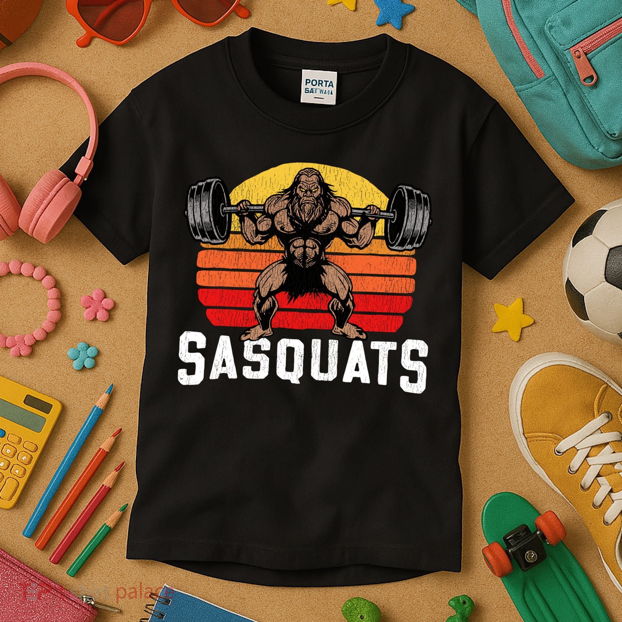 Sasquats Leg Day Weightlifting Bigfoot Squat Distressed 80s Kids T-Shirt