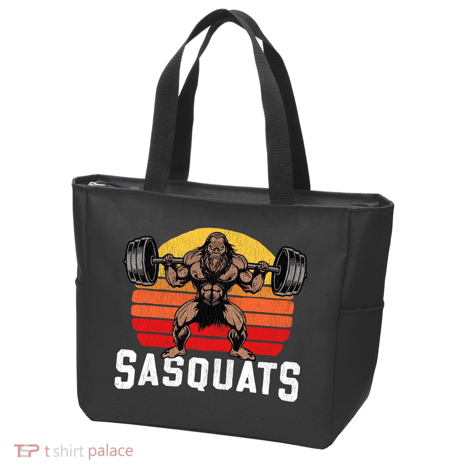 Sasquats Leg Day Weightlifting Bigfoot Squat Distressed 80s Tote Bag