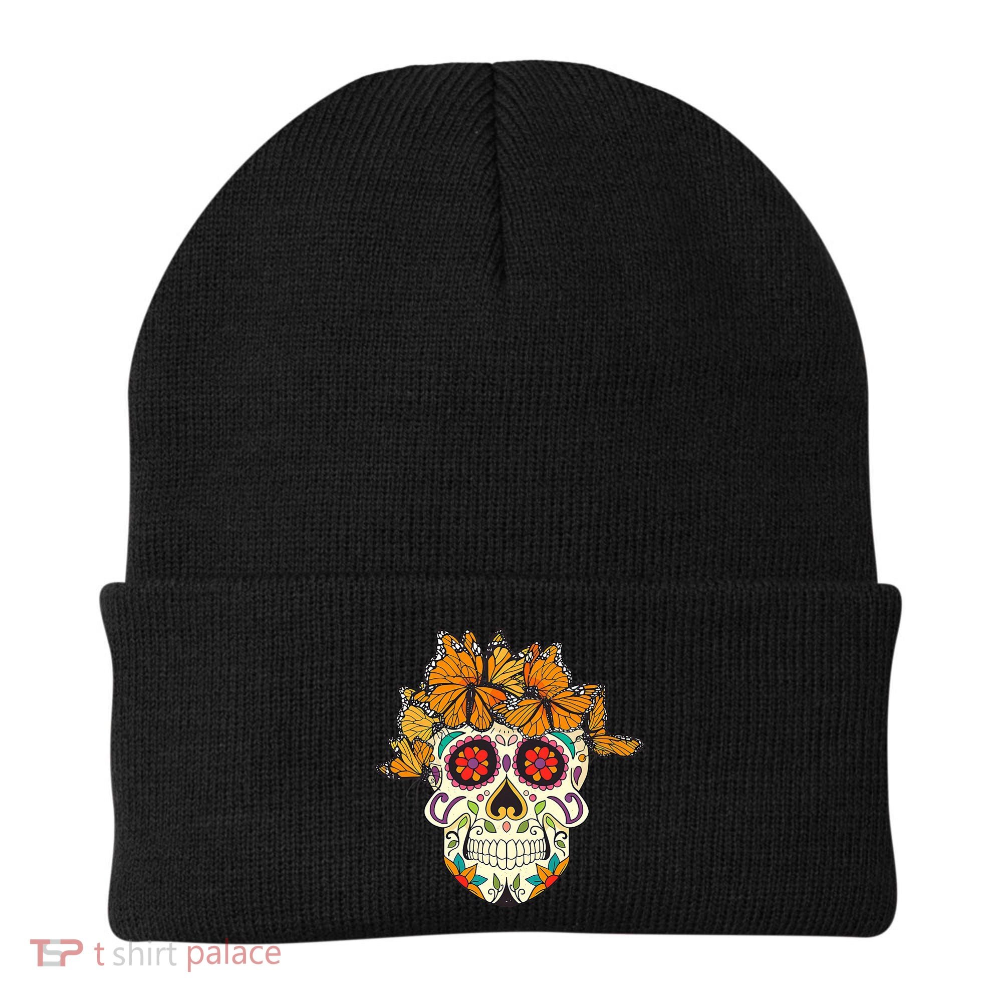 Skull Lover Dia De Los Muertos Monarch Butterfly Sugar Beanie