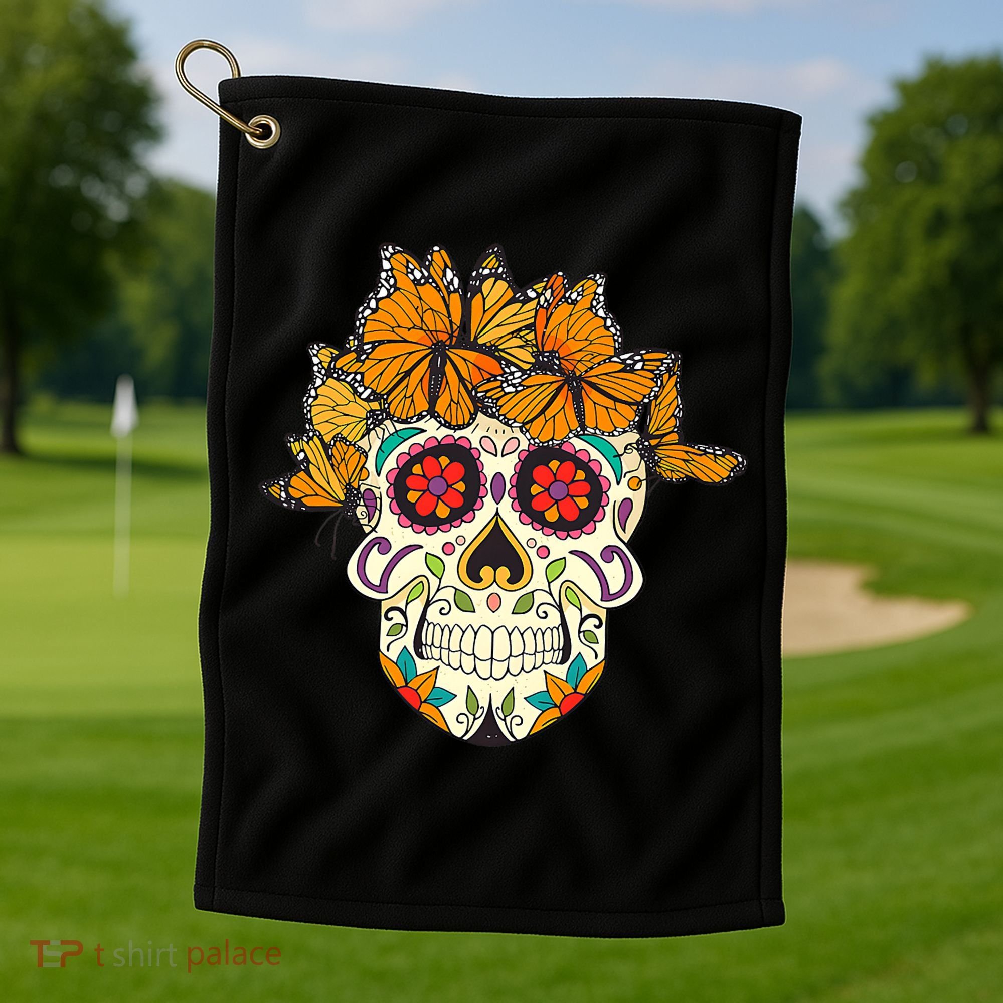 Skull Lover Dia De Los Muertos Monarch Butterfly Sugar Golf Towel