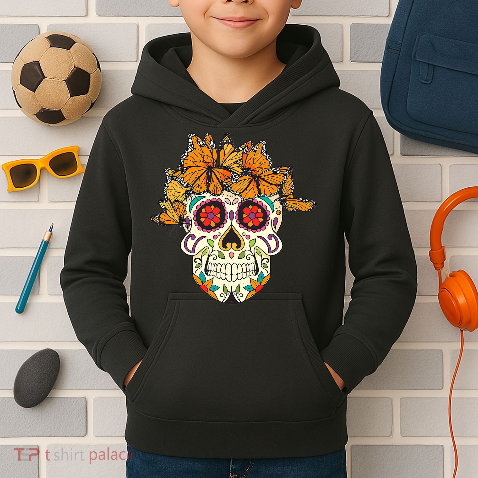 Skull Lover Dia De Los Muertos Monarch Butterfly Sugar Kids Hoodie