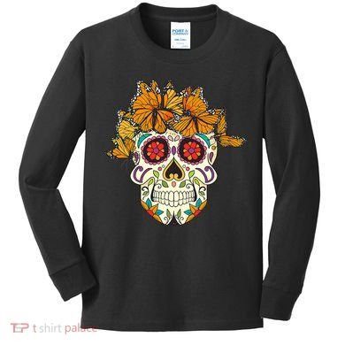 Skull Lover Dia De Los Muertos Monarch Butterfly Sugar Kids Long Sleeve Shirt