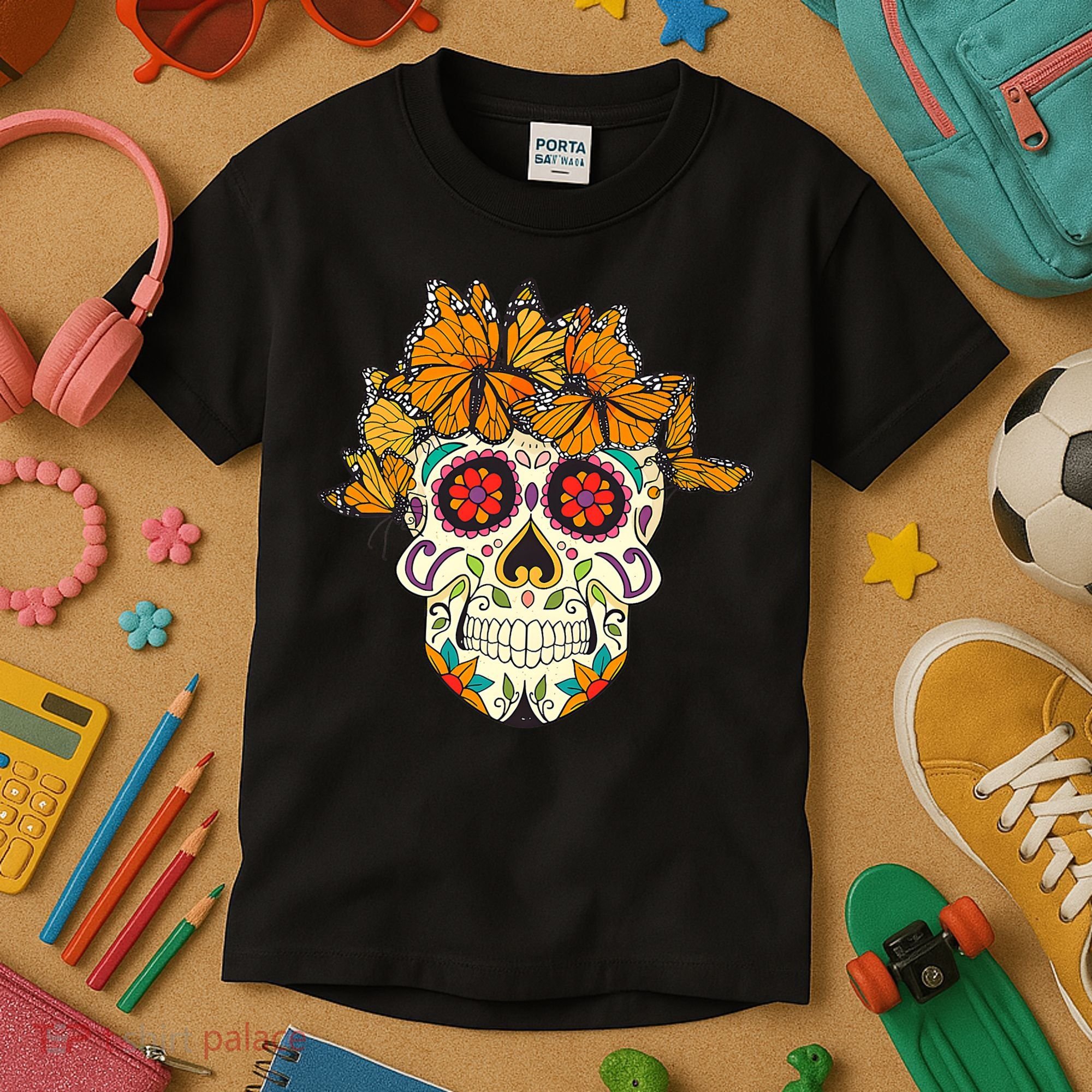 Skull Lover Dia De Los Muertos Monarch Butterfly Sugar Kids T-Shirt