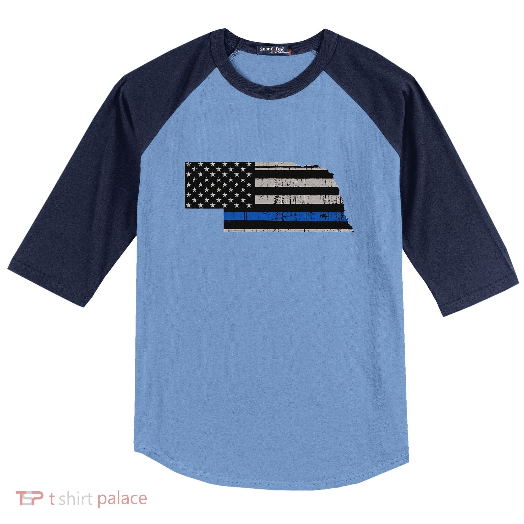 Support Law Enforcement Nebraska Police Officer Blue Raglan Baseball Sleeve Shirt