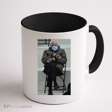 Sleepy Bernie Sanders Mittens Sitting Inauguration Coffee Mug back