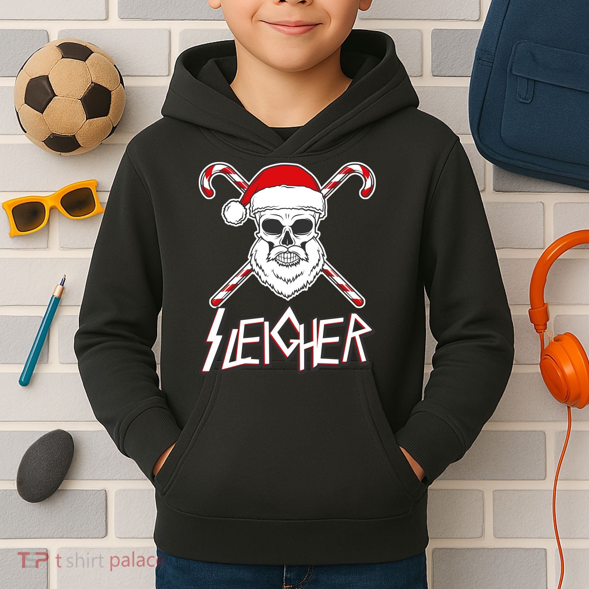 Sleigher Santa Candy Cane Skull Kids Hoodie
