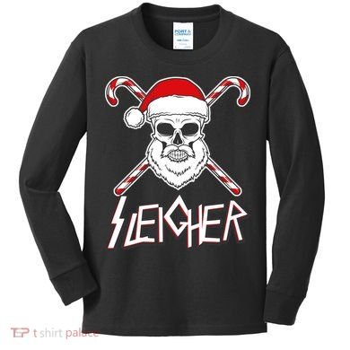 Sleigher Santa Candy Cane Skull Kids Long Sleeve Shirt