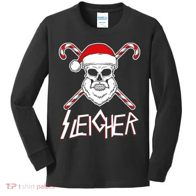 Sleigher Santa Candy Cane Skull Kids Long Sleeve Shirt