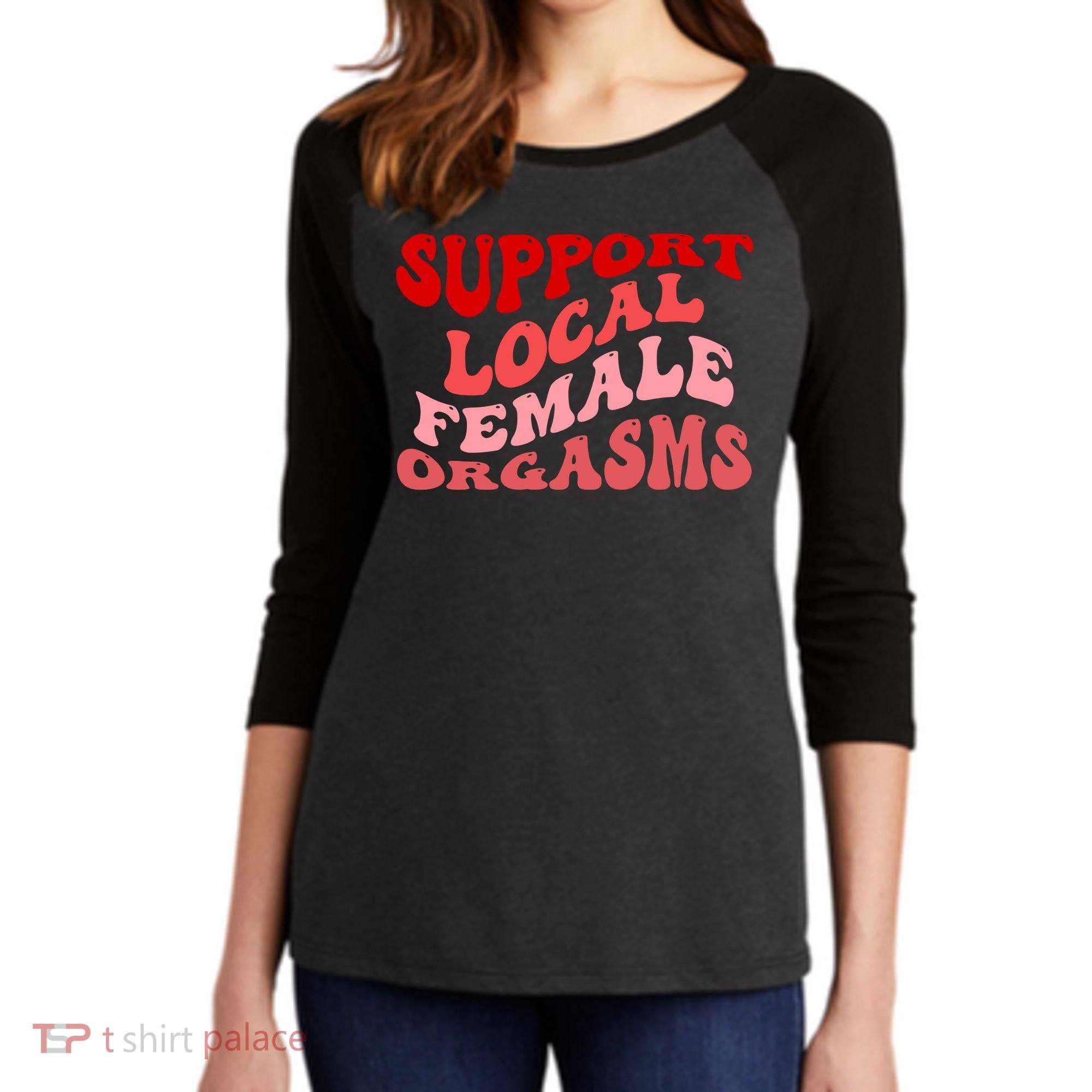Support Local Female Orgasms Groovy Women's Tri-Blend 3/4-Sleeve Raglan Shirt