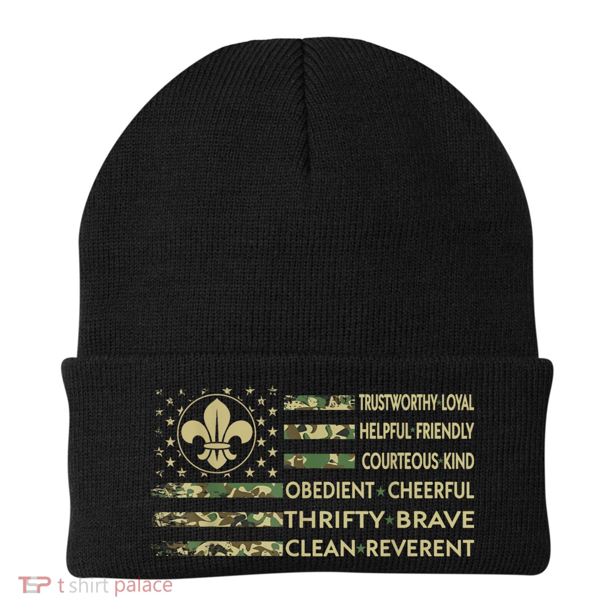 Scout Leader Funny Scout Camping Camo US America Flag Retro Beanie