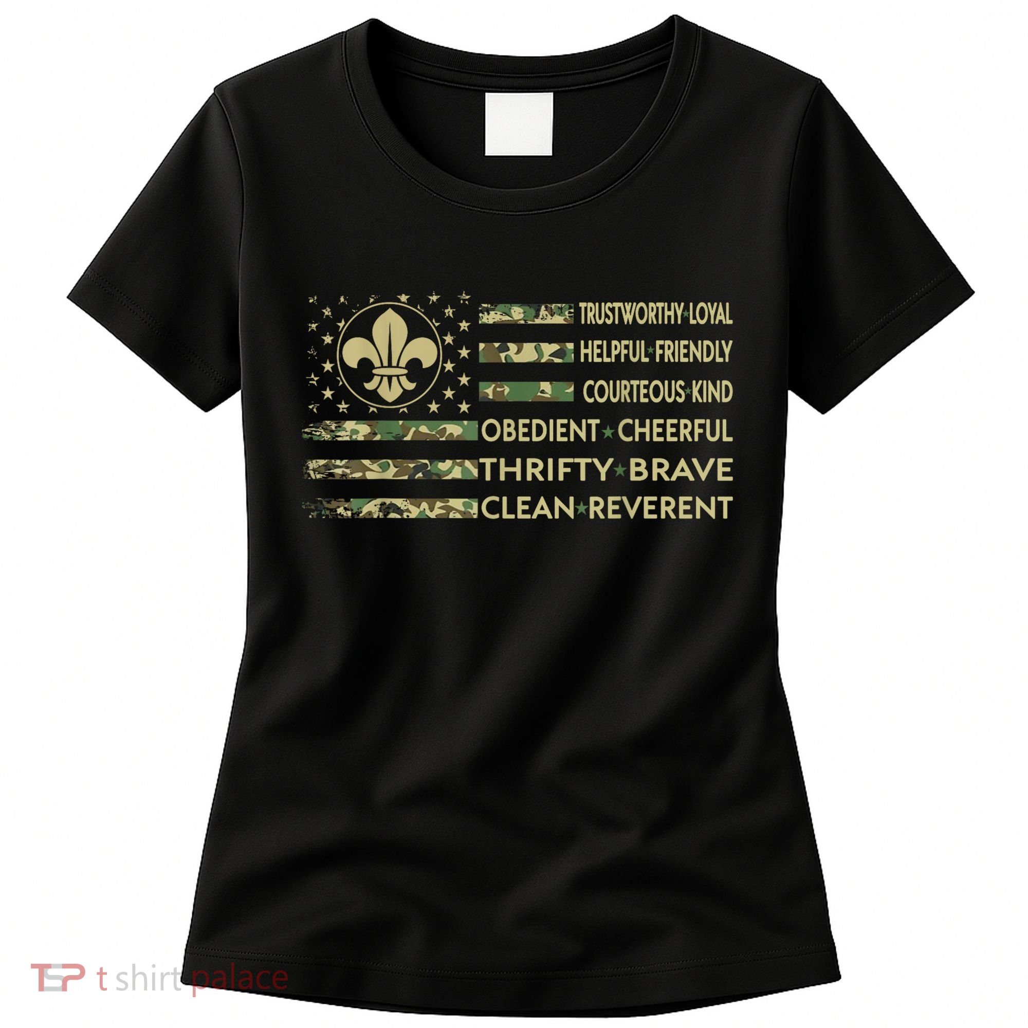 Scout Leader Funny Scout Camping Camo US America Flag Retro Women's T-Shirt
