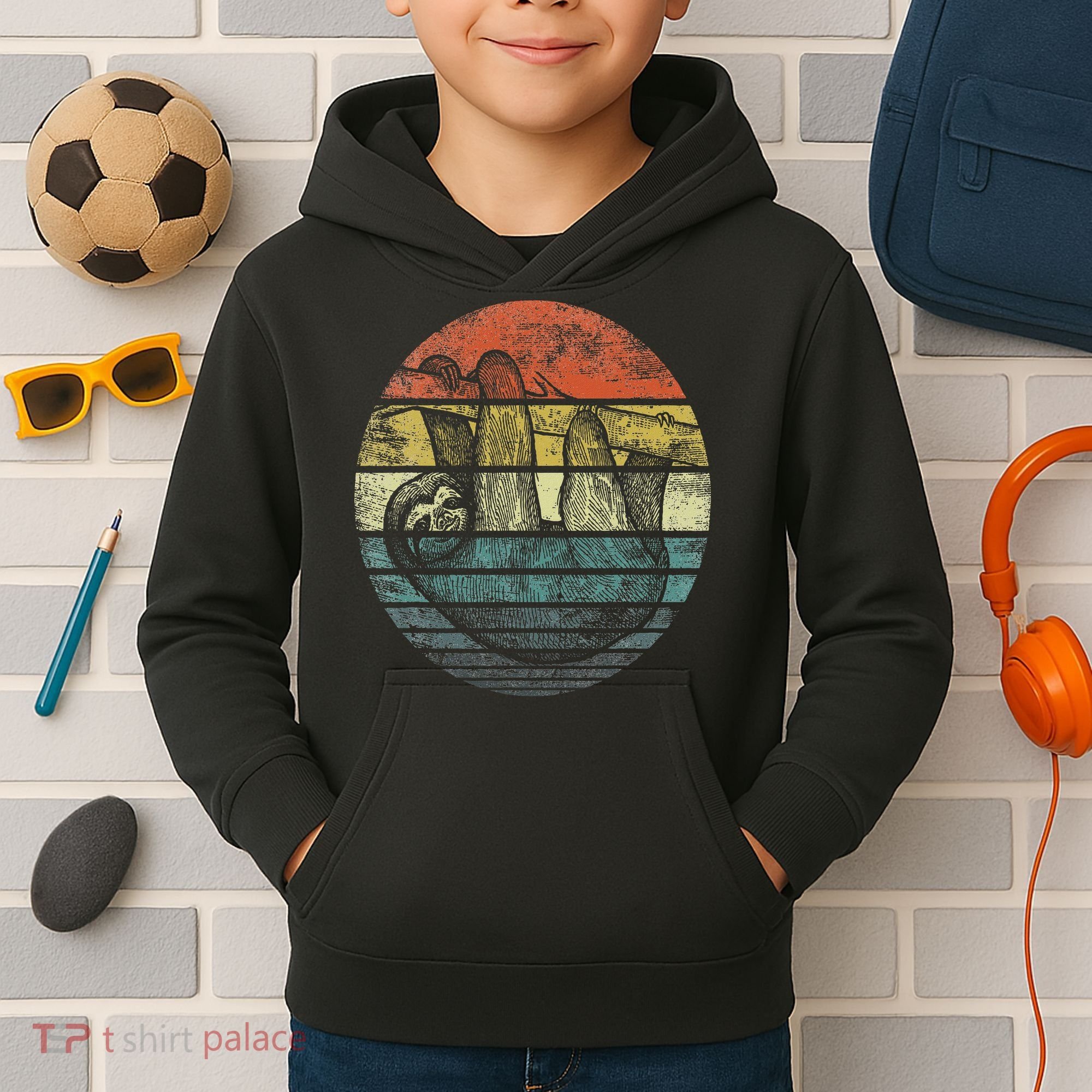 Sloth Lover Gifts Retro Sunset Funny Animal Sloth Silhouette Kids Hoodie