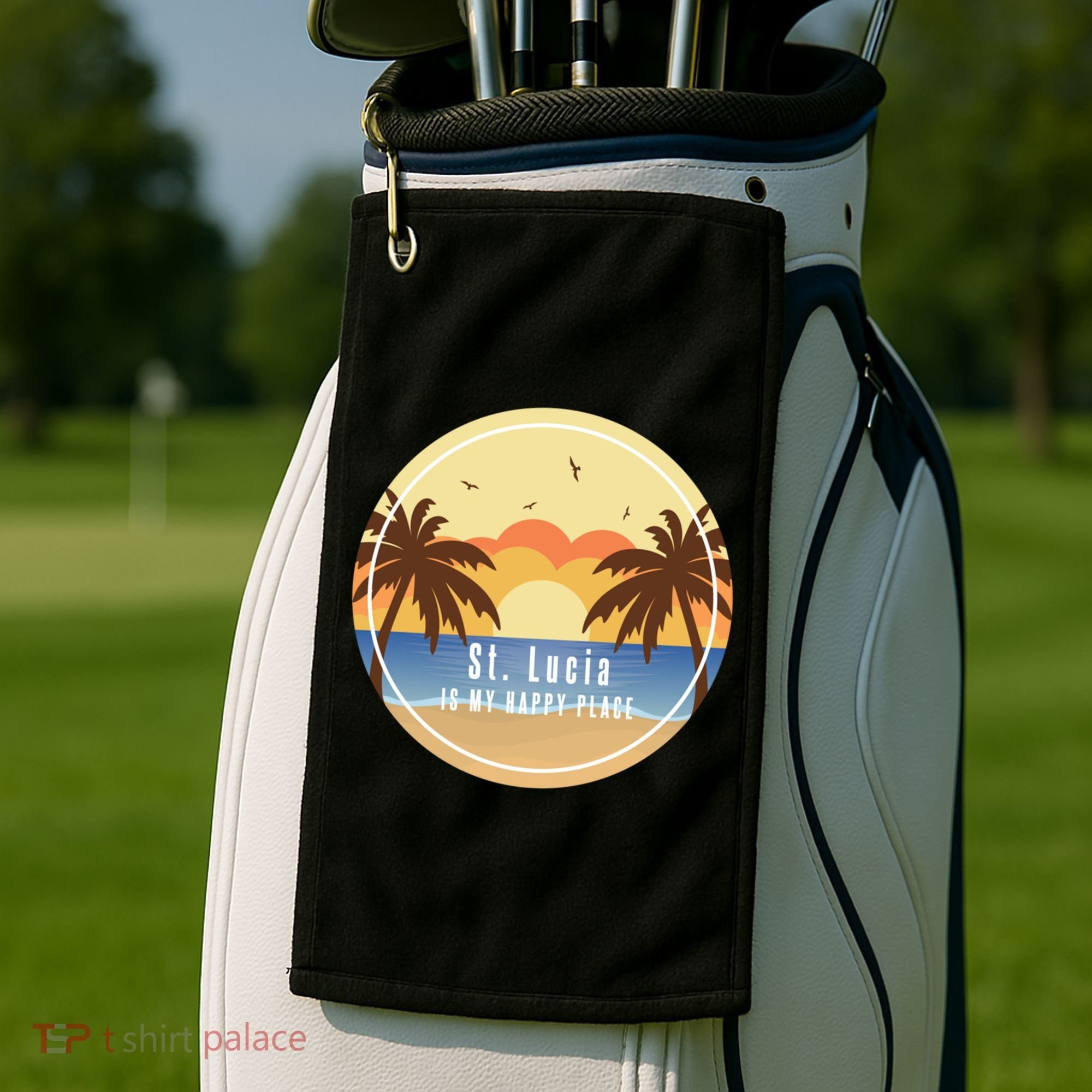 St Lucia Is My Happy Place Fun Beach Vacation Palm Trees Su Meaningful Gift Golf Towel