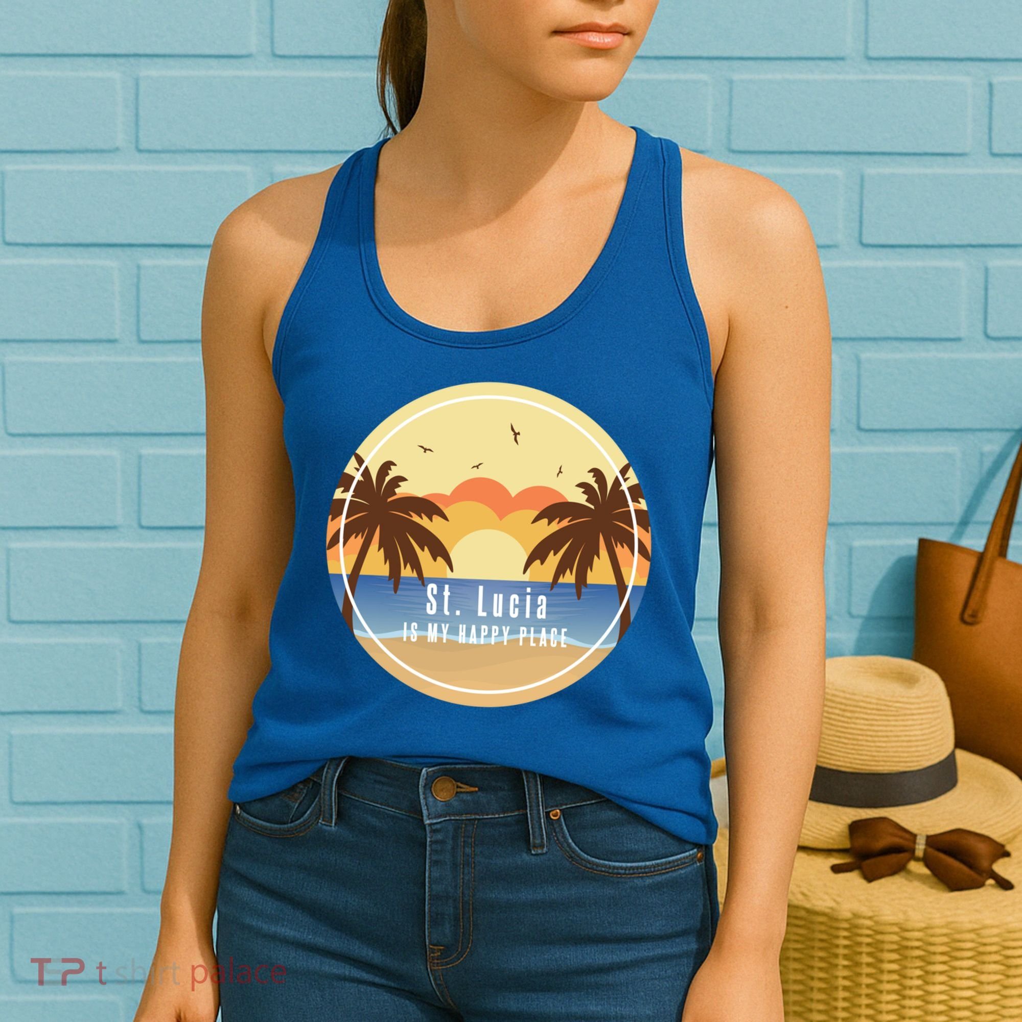St Lucia Is My Happy Place Fun Beach Vacation Palm Trees Su Meaningful Gift Women's Tank Top