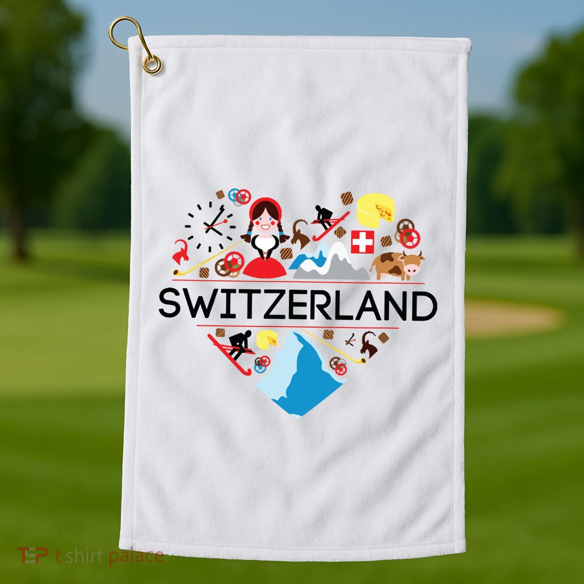 Switzerland Love Illustrated Swiss Symbol Alpine Golf Towel