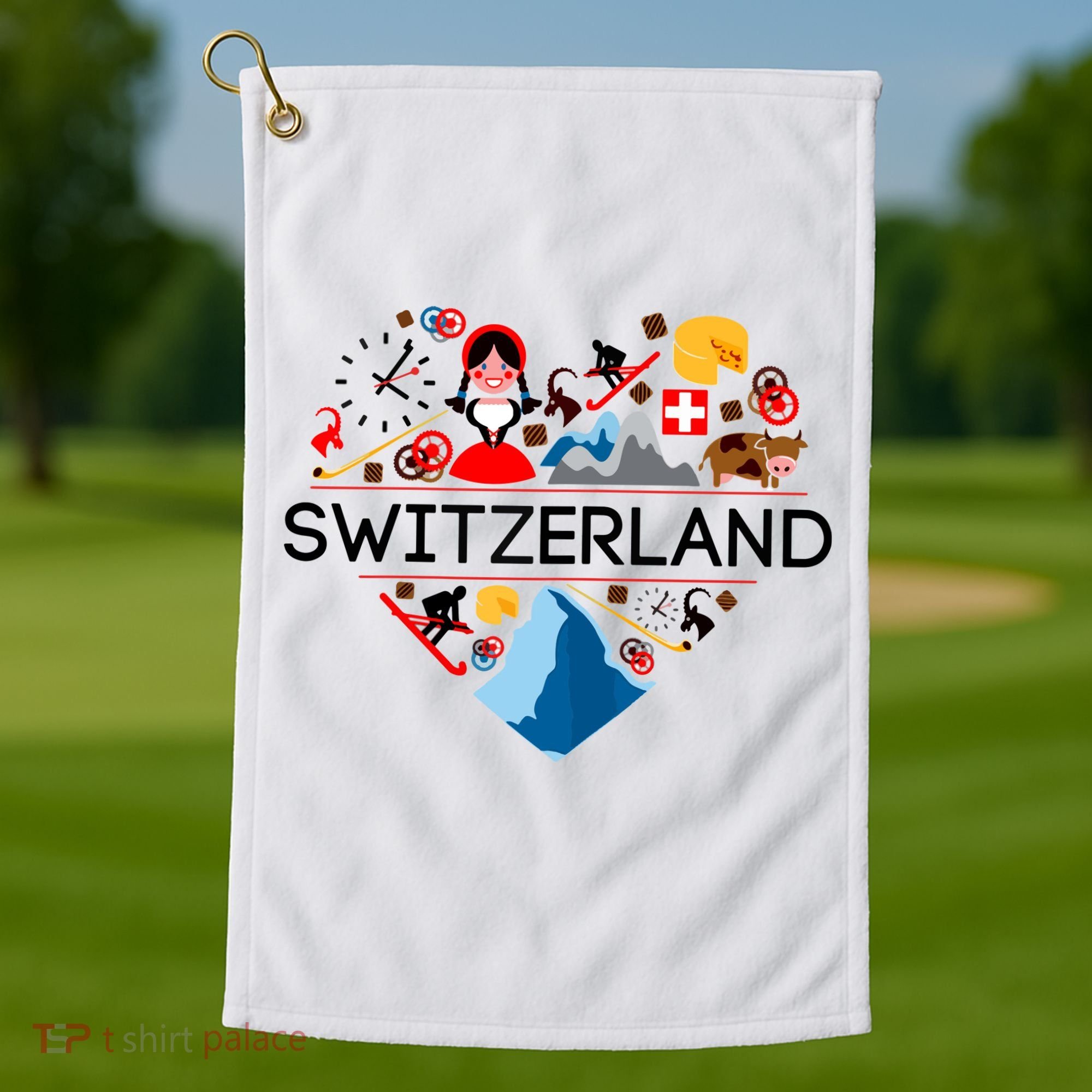 SWITZERLAND LOVE | | Illustrated Swiss Symbol, Alpine Golf Towel