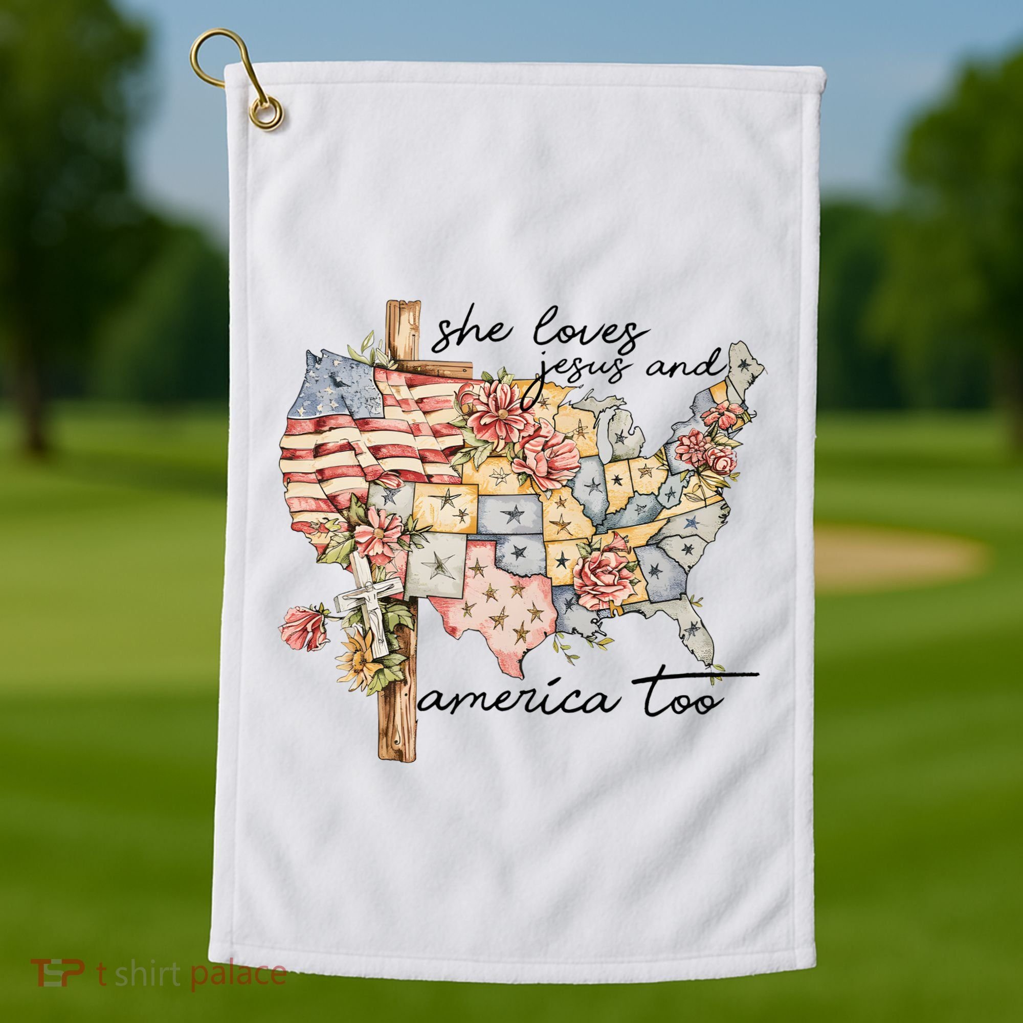She Loves Jesus And America Too Usa Map Golf Towel
