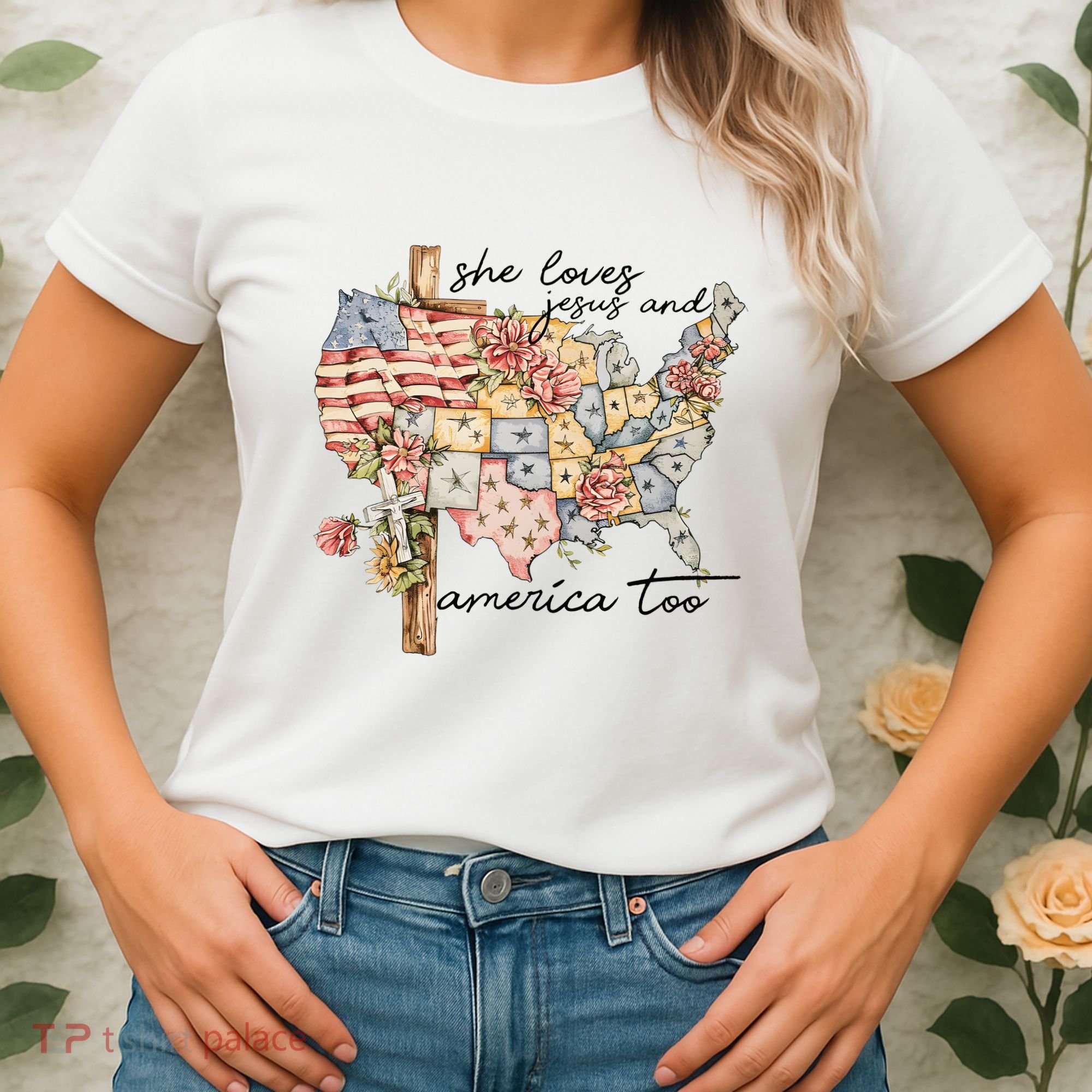 She Loves Jesus And America Too Usa Map Women's T-Shirt