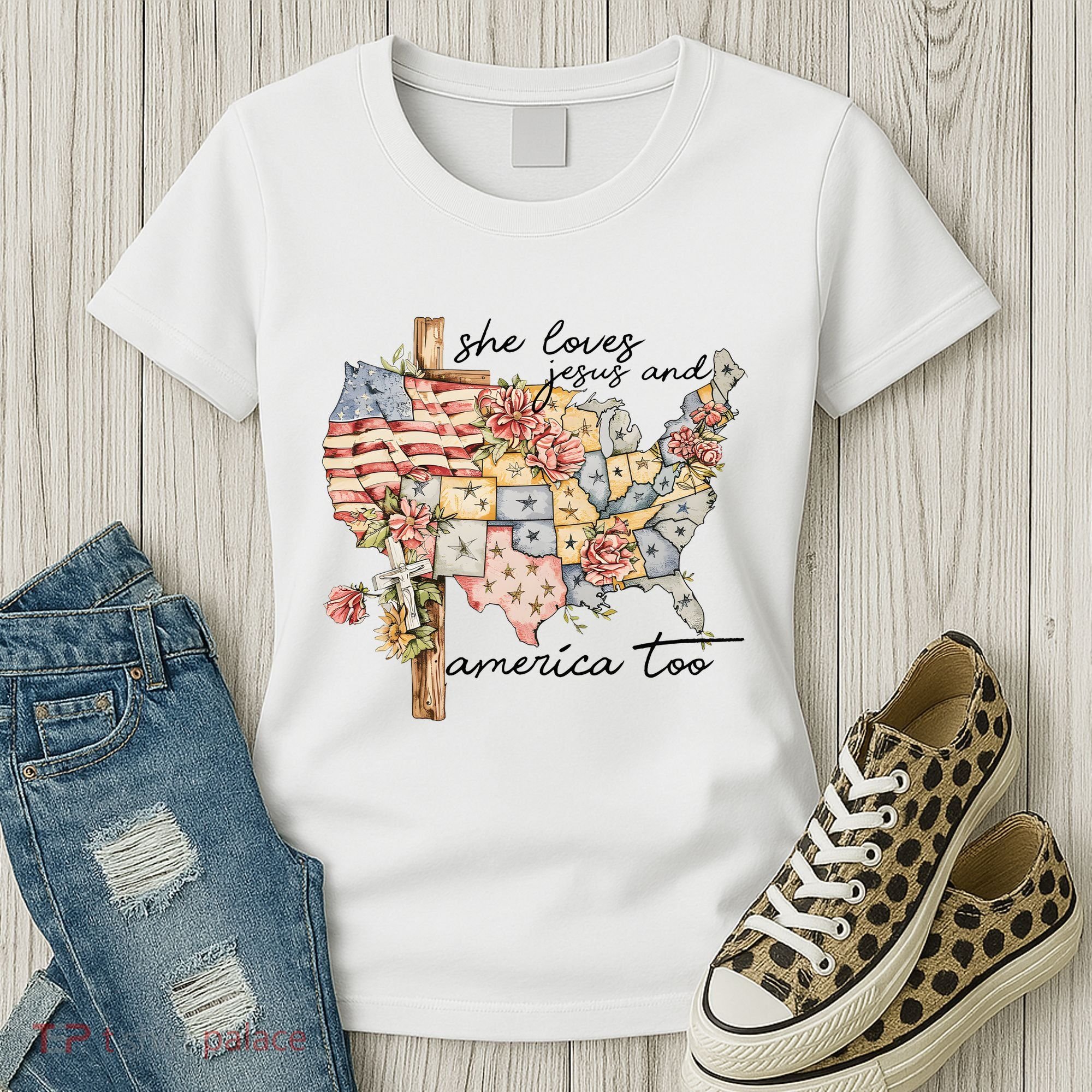 She Loves Jesus And America Too Usa Map Women's T-Shirt