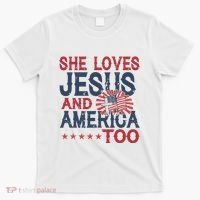 She Loves Jesus And America Too 4th Of July Patriotic T-Shirt thumb 0