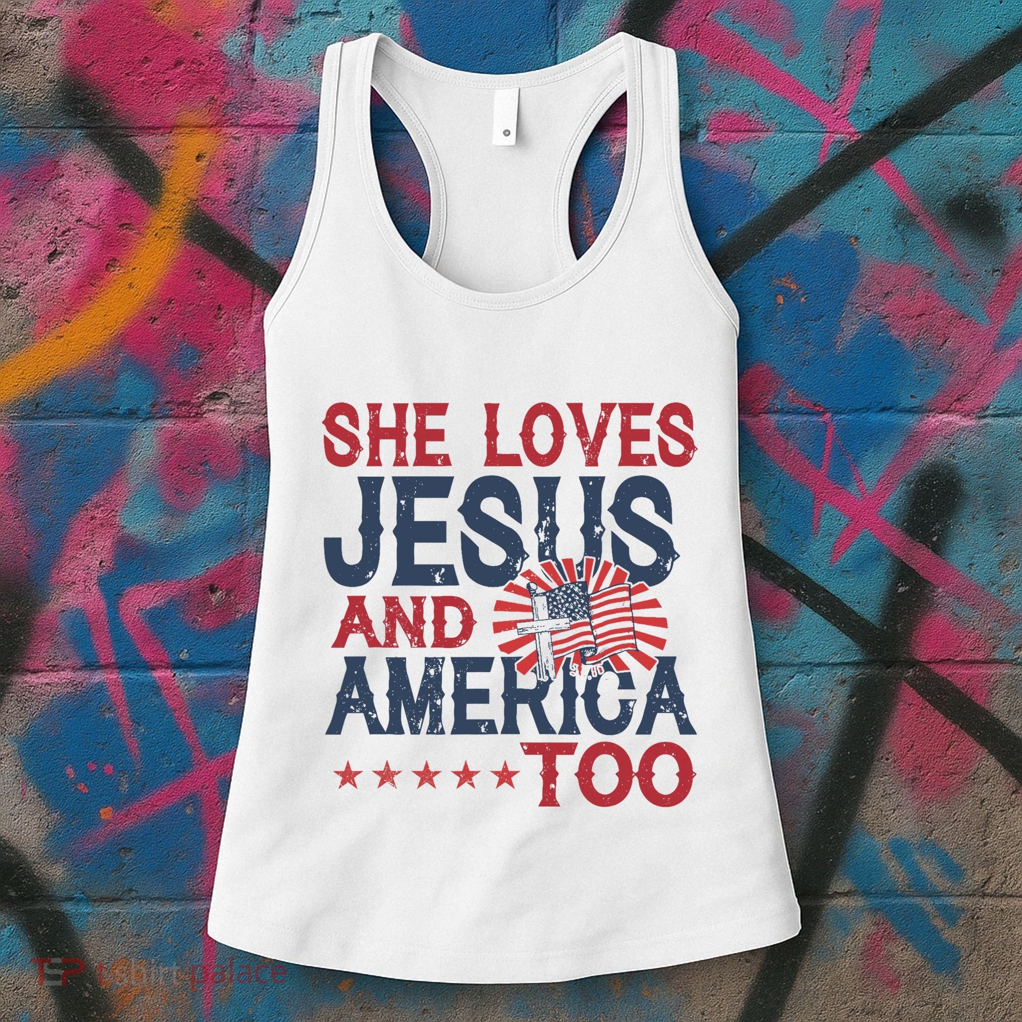 She Loves Jesus And America Too 4th Of July Patriotic Women's Tank Top
