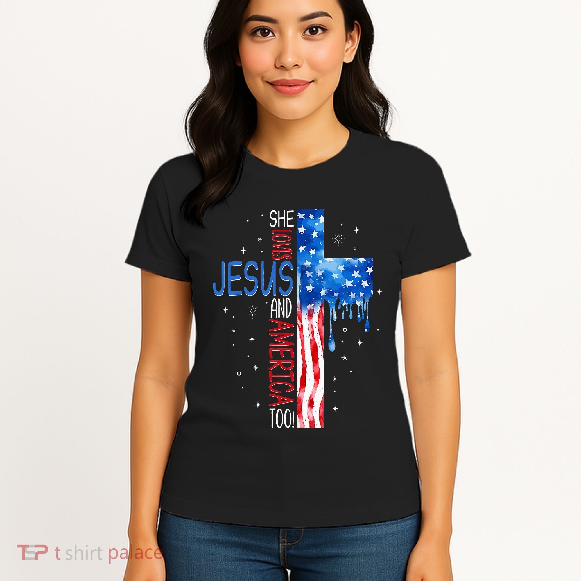She Loves Jesus And America Too Women's T-Shirt