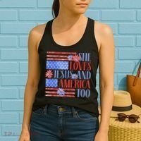 She Loves Jesus  America Too USA American Flag Daisy Flower Women's Tank Top thumb 2