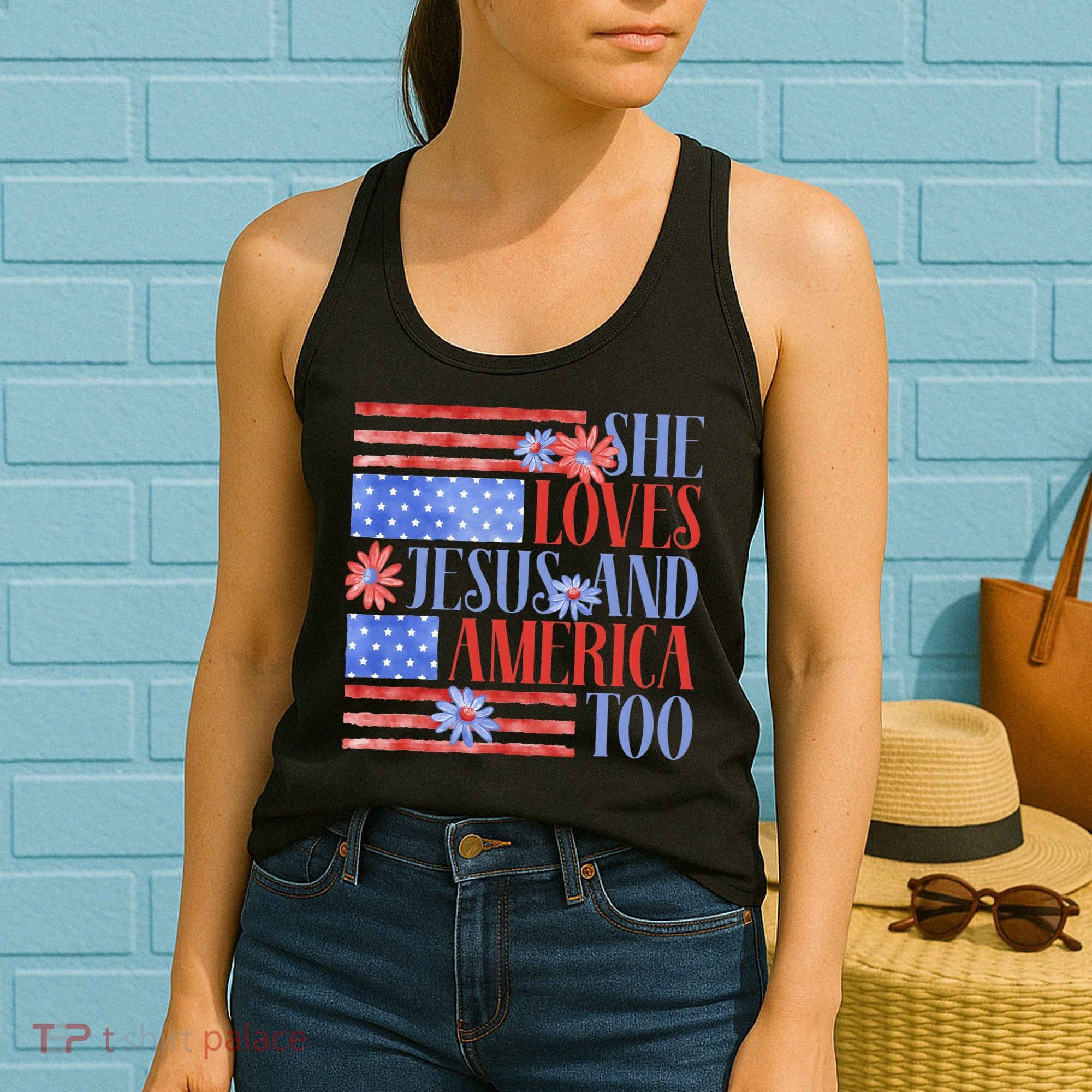 She Loves Jesus  America Too USA American Flag Daisy Flower Women's Tank Top