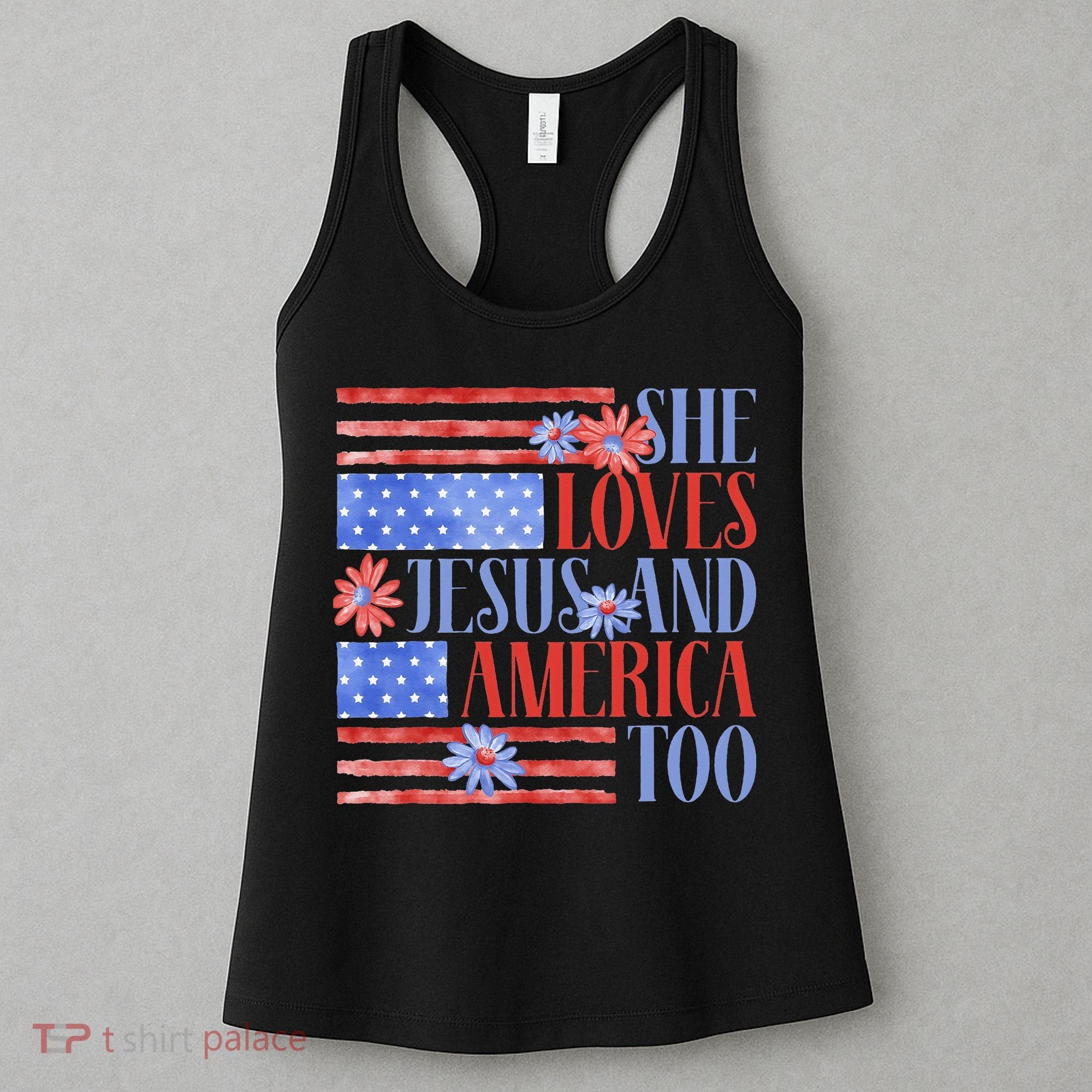 She Loves Jesus  America Too USA American Flag Daisy Flower Women's Tank Top