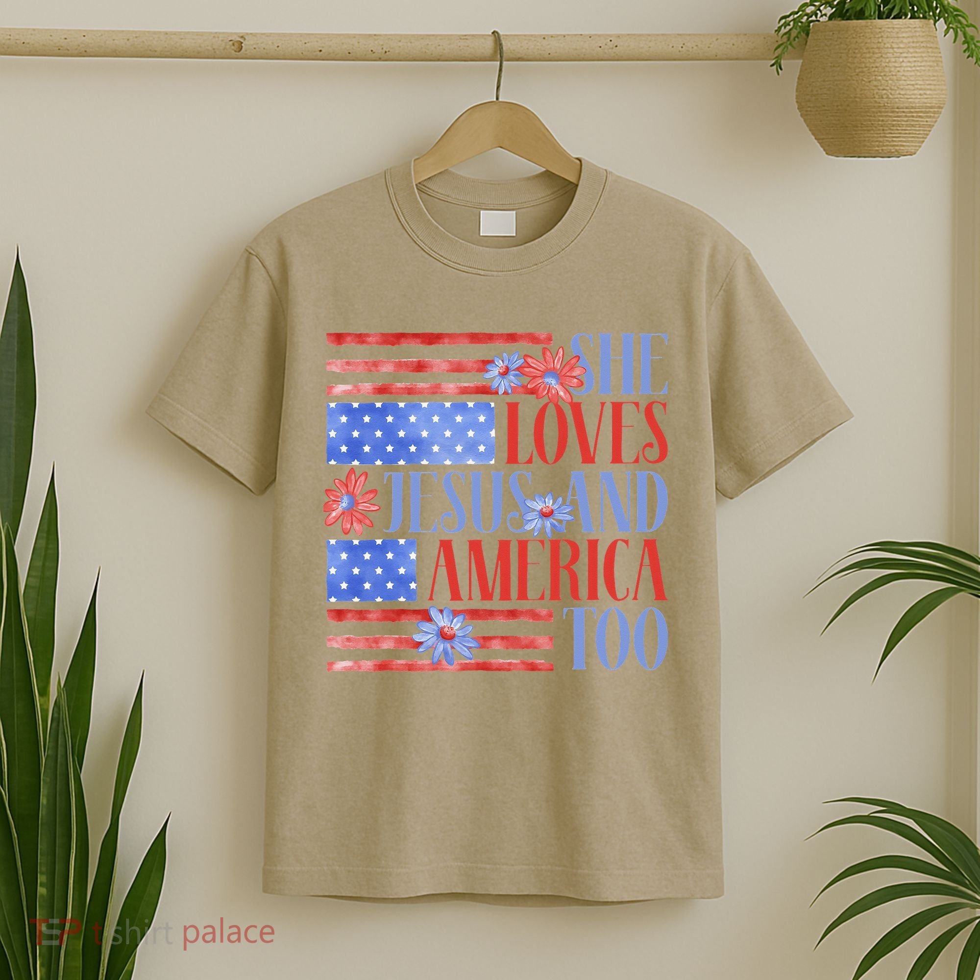 She Loves Jesus  America Too USA American Flag Daisy Flower T-Shirt