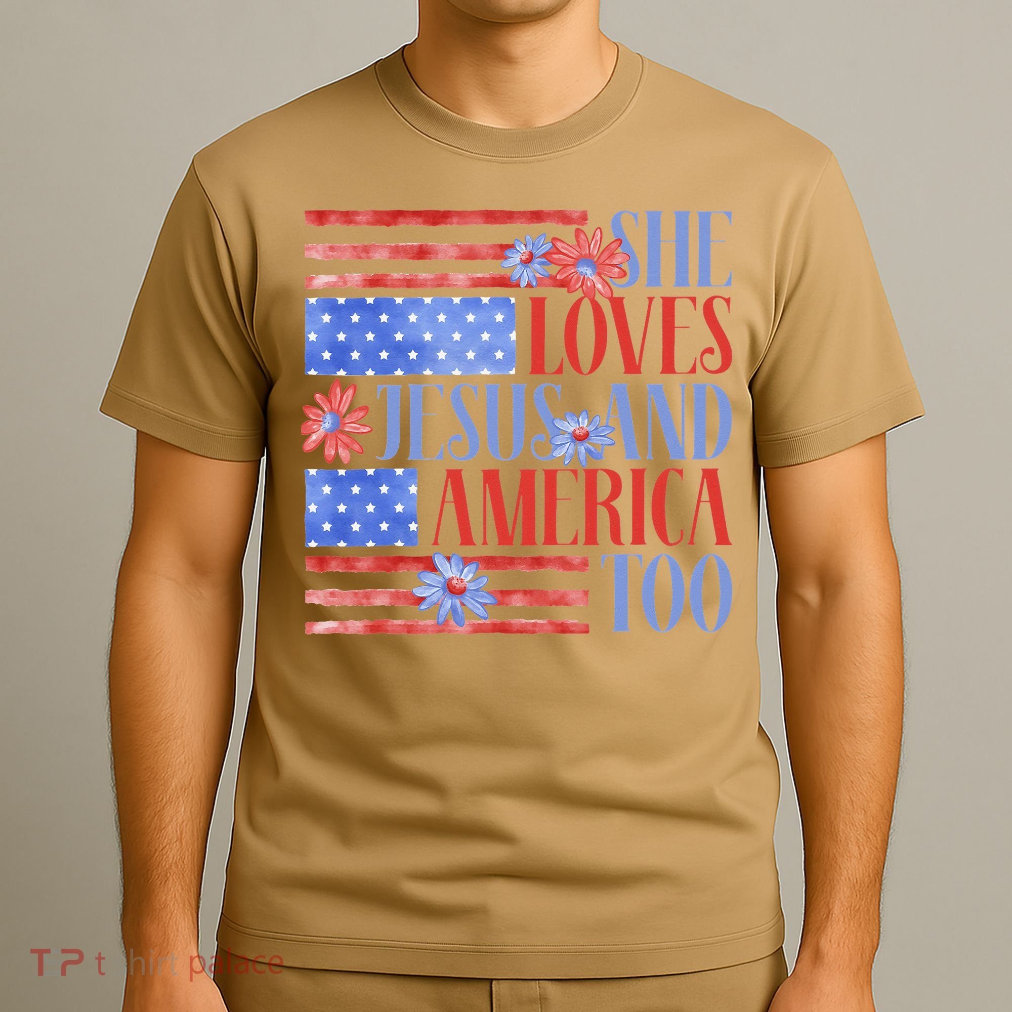 She Loves Jesus  America Too USA American Flag Daisy Flower T-Shirt