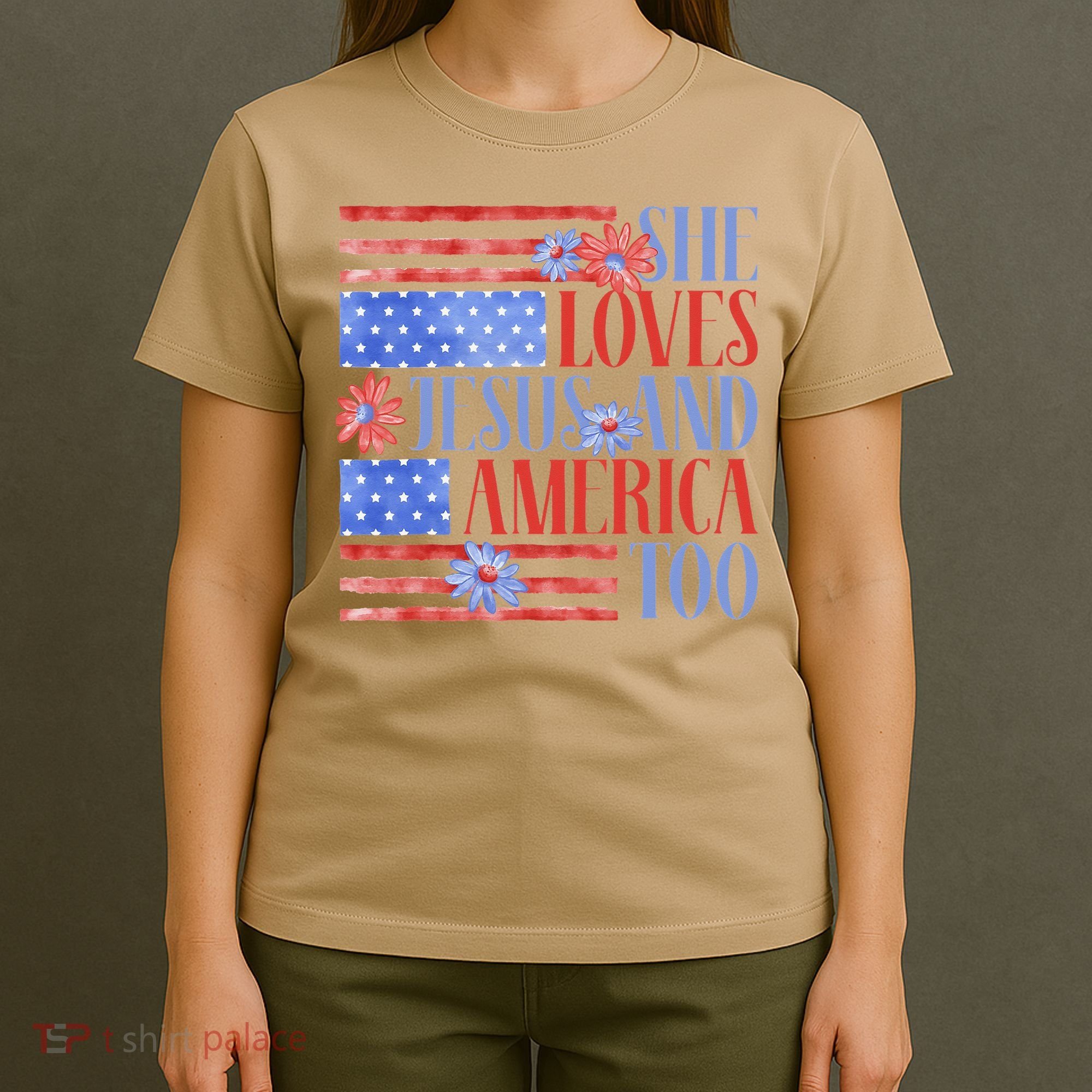 She Loves Jesus  America Too USA American Flag Daisy Flower T-Shirt