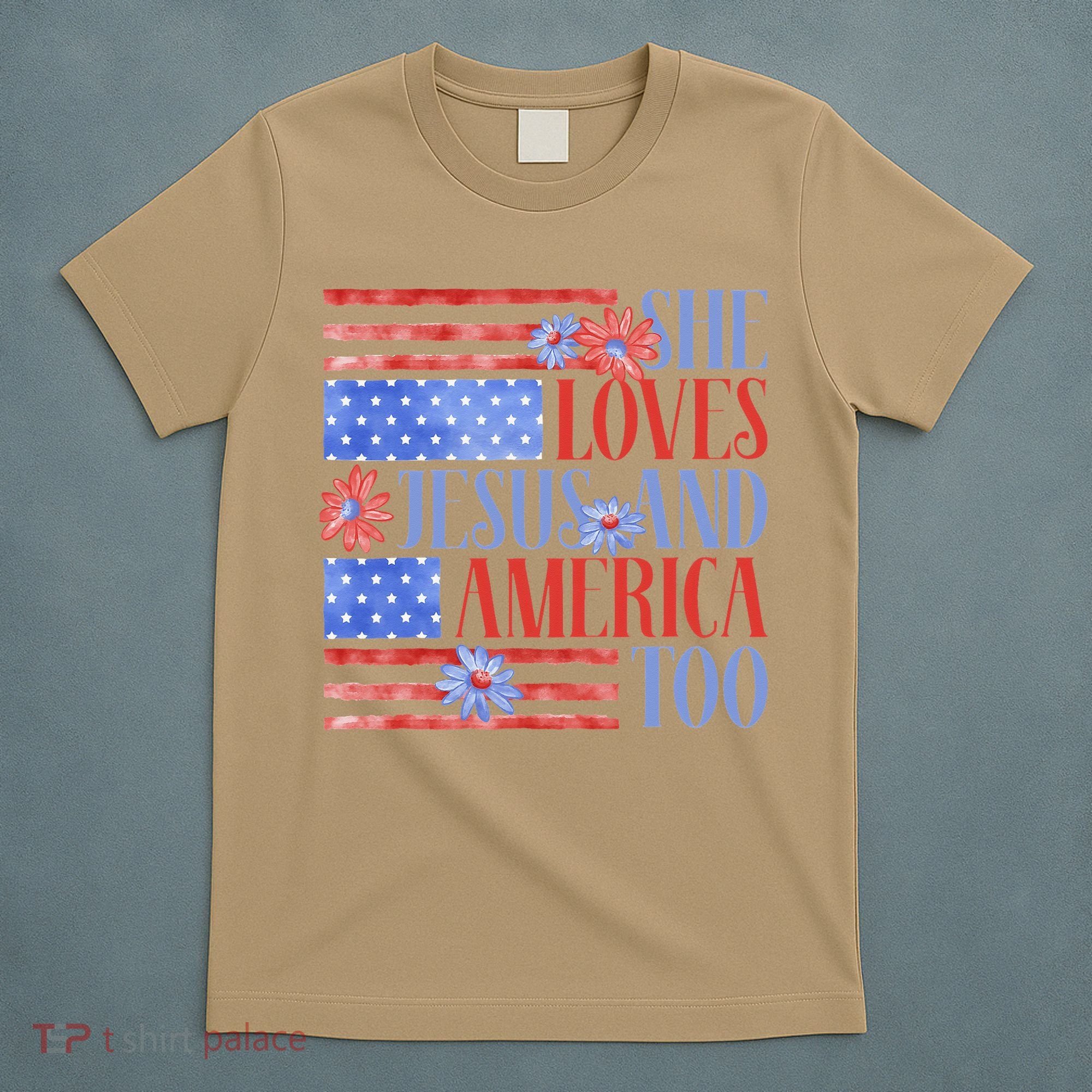 She Loves Jesus  America Too USA American Flag Daisy Flower T-Shirt