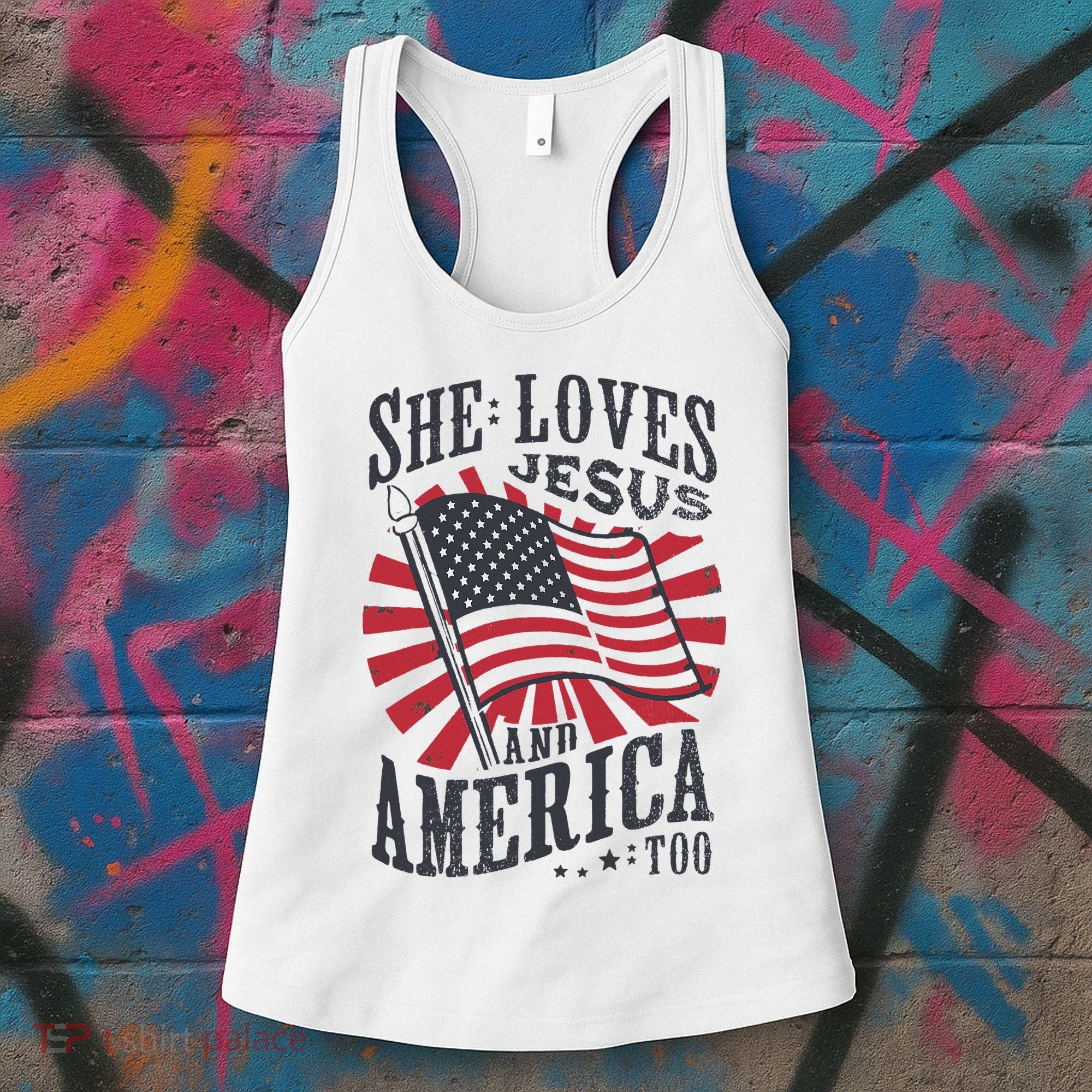 She Loves Jesus And America Too Flag Christian Women's Tank Top