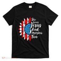 She Loves Jesus And America Too 4th Of July Sunflower T-Shirt thumb 0