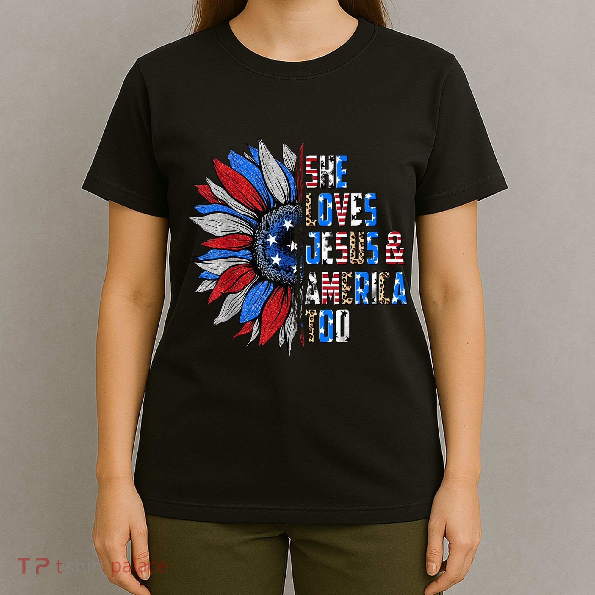 She Loves Jesus And America Too Wo US Sunflower T-Shirt
