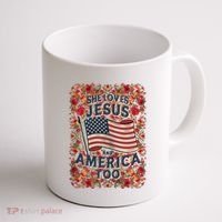 She Loves Jesus And America Too Floral Retro Coffee Mug thumb 1