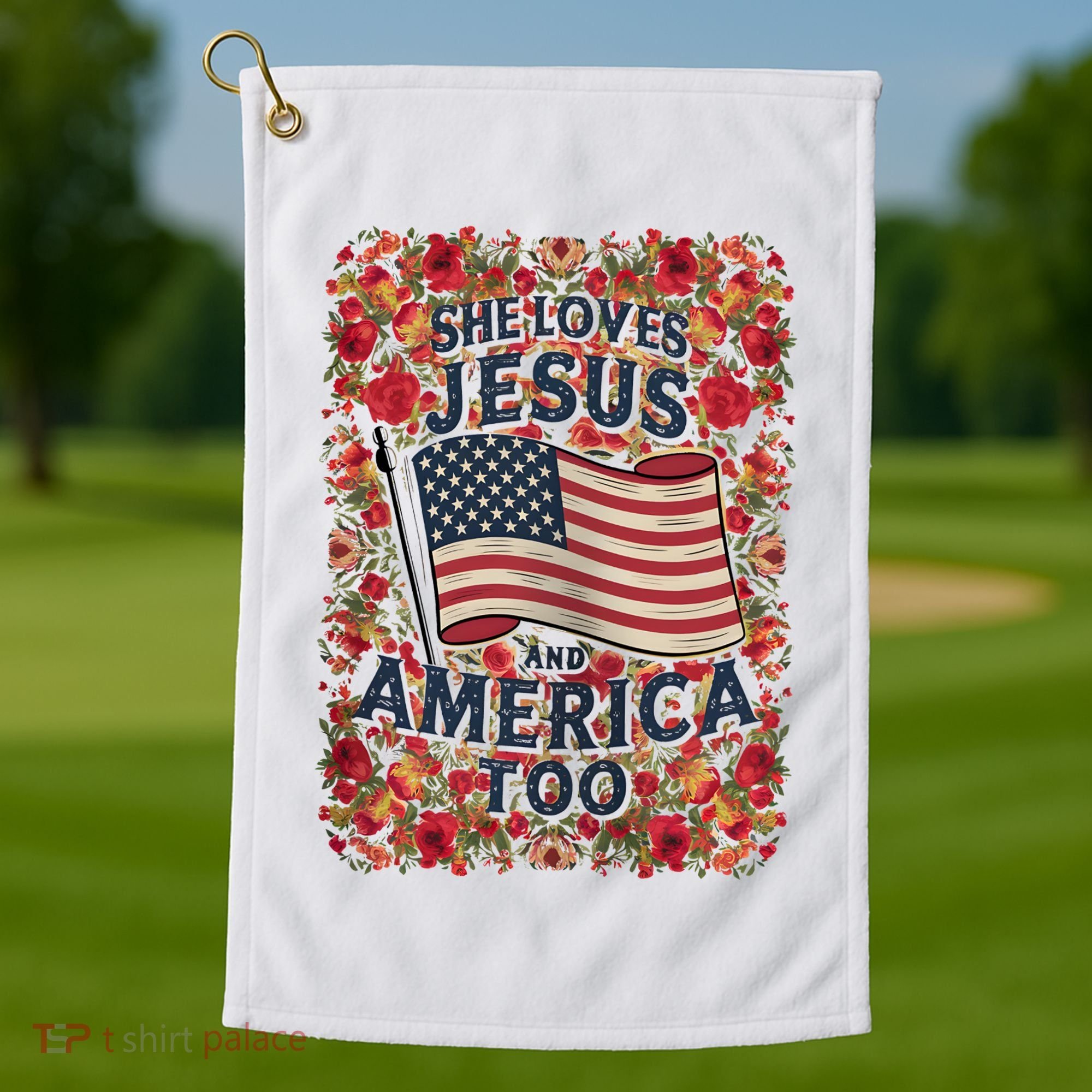 She Loves Jesus And America Too Floral Retro Golf Towel
