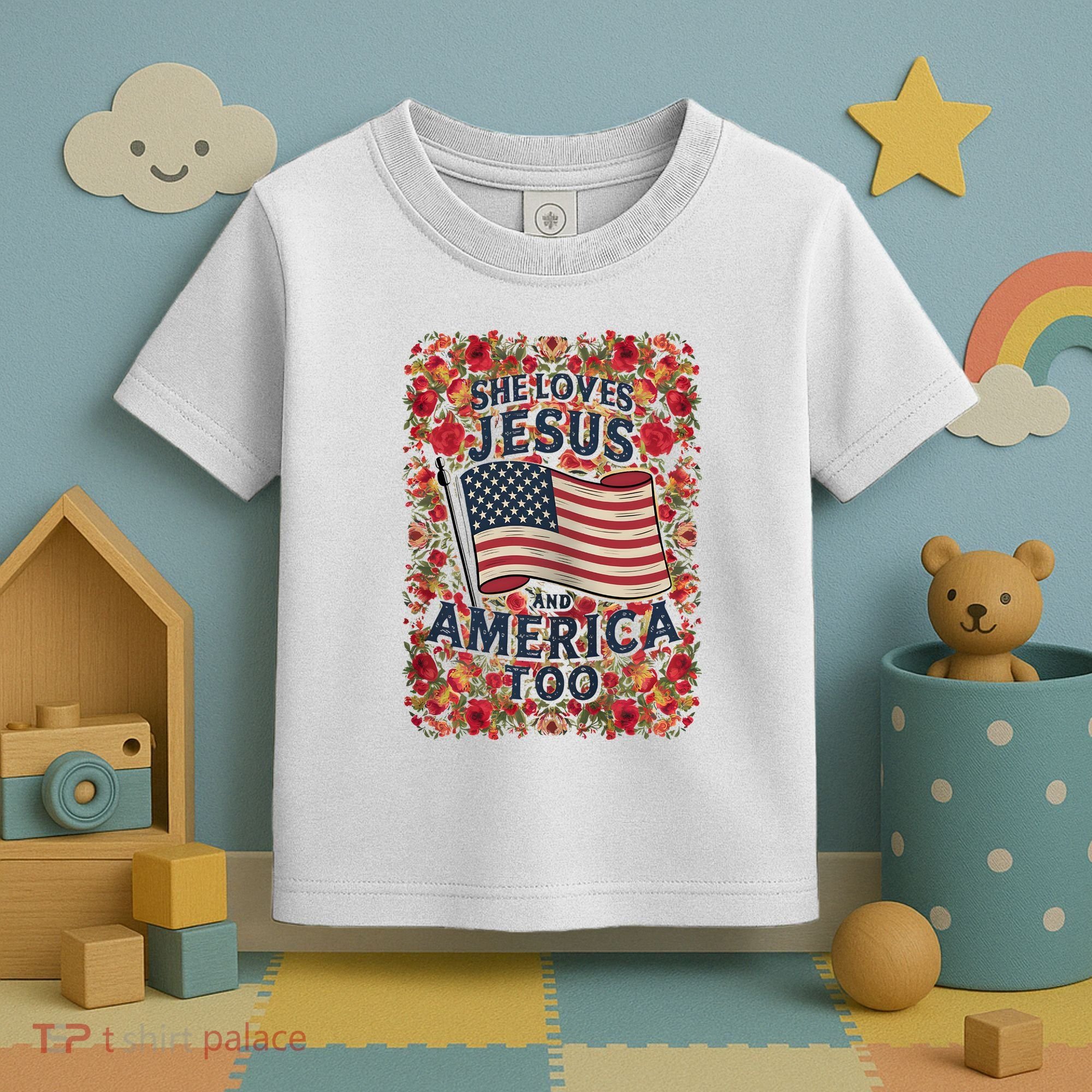 She Loves Jesus And America Too Floral Retro Toddler T-Shirt