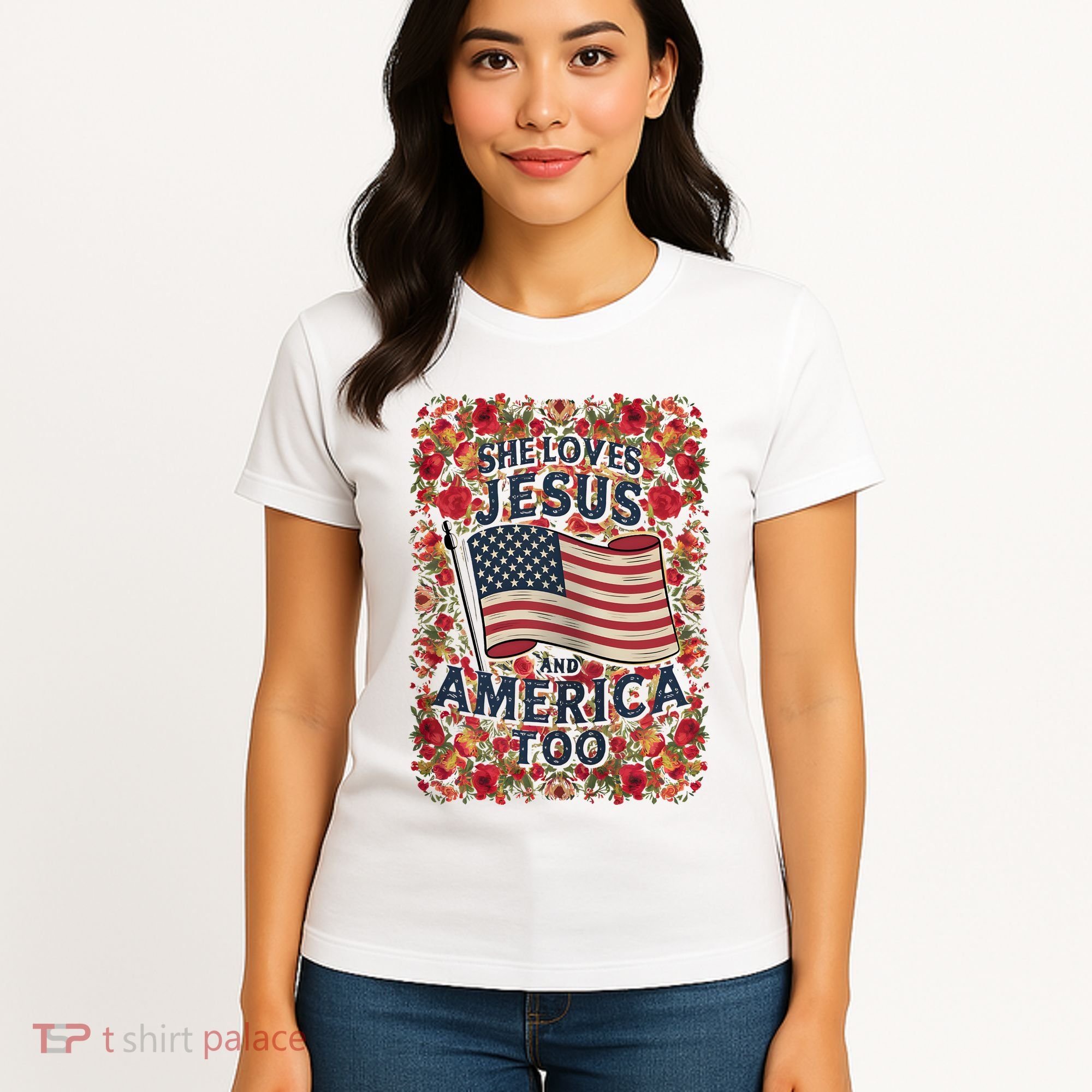 She Loves Jesus And America Too Floral Retro Women's T-Shirt