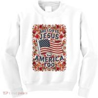 She Loves Jesus And America Too Floral Retro Kids Sweatshirt thumb 0
