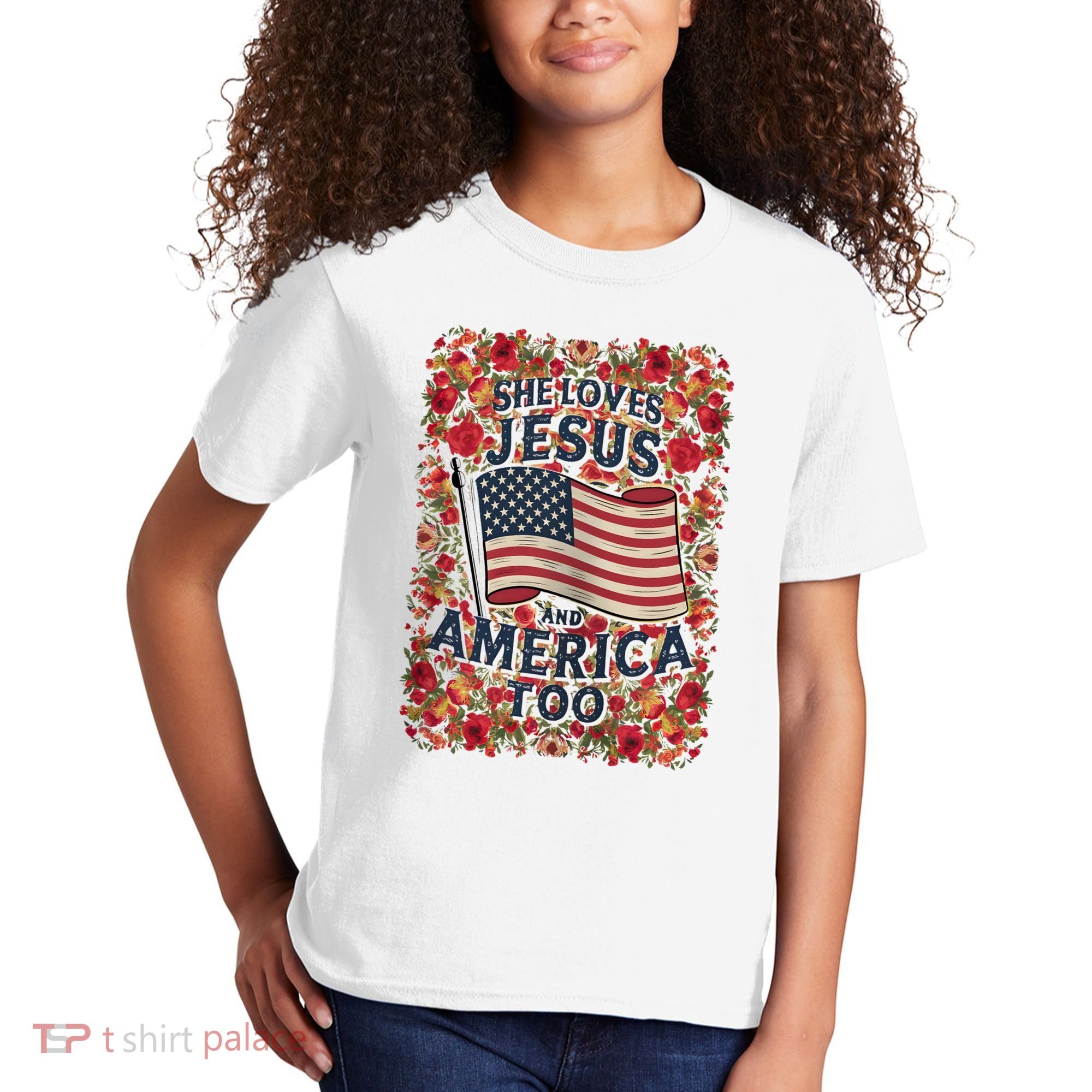She Loves Jesus And America Too Floral Retro Kids T-Shirt
