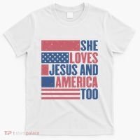She Loves Jesus And America Too Happy 4th Of July T-Shirt thumb 0