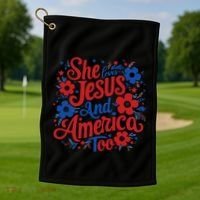 She Loves Jesus And America Too Golf Towel thumb 1