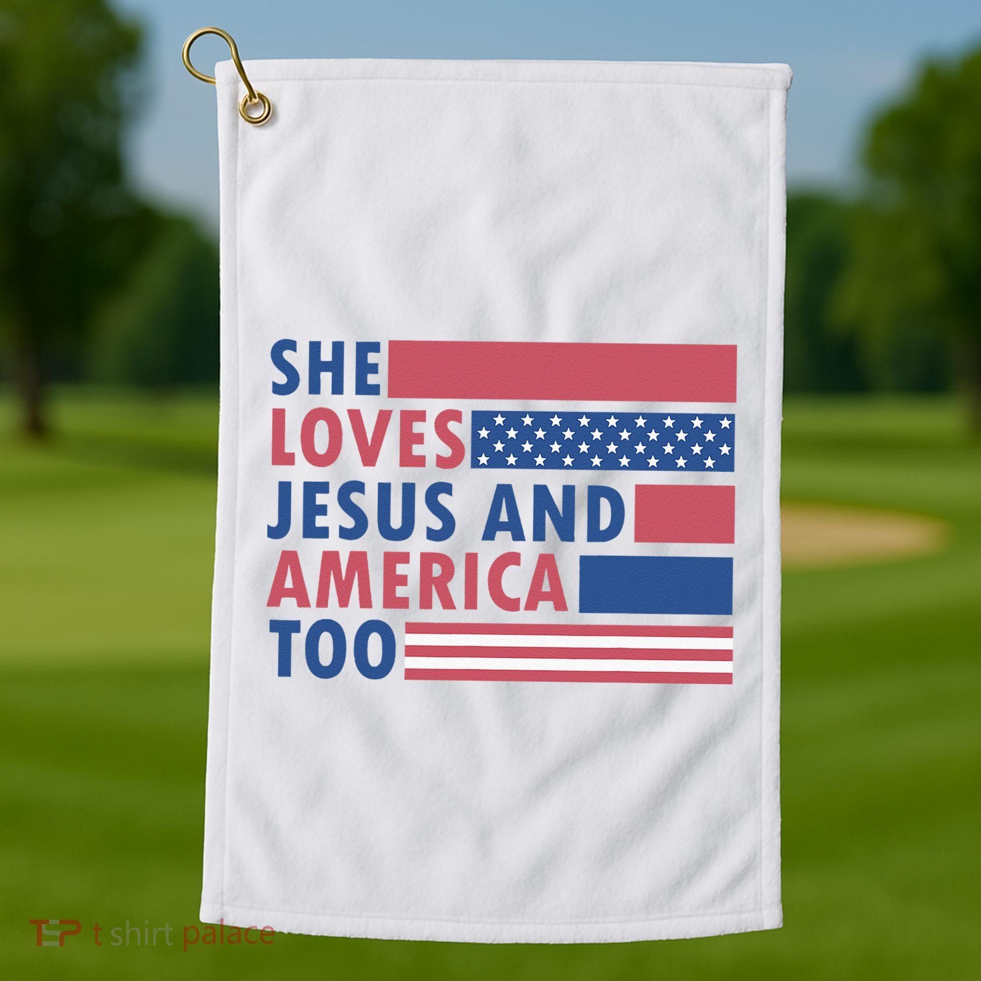 She Loves Jesus And America Too Retro Golf Towel