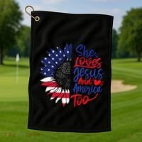 She Loves Jesus And America Too Golf Towel thumb 1