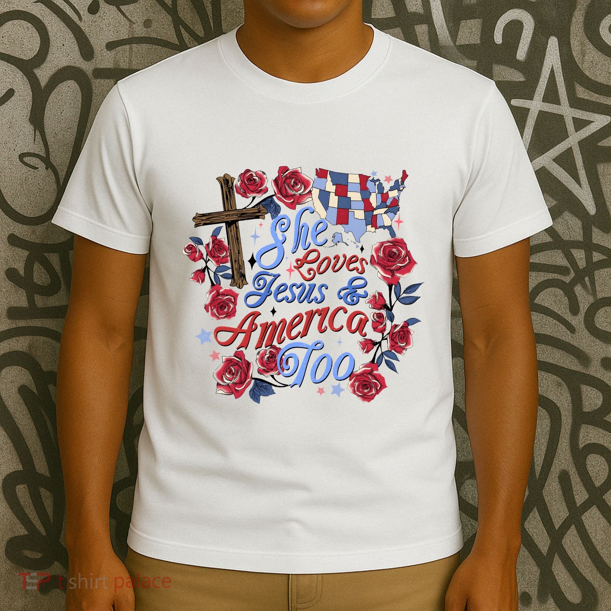 She Loves Jesus And America Too Floral Cross T-Shirt