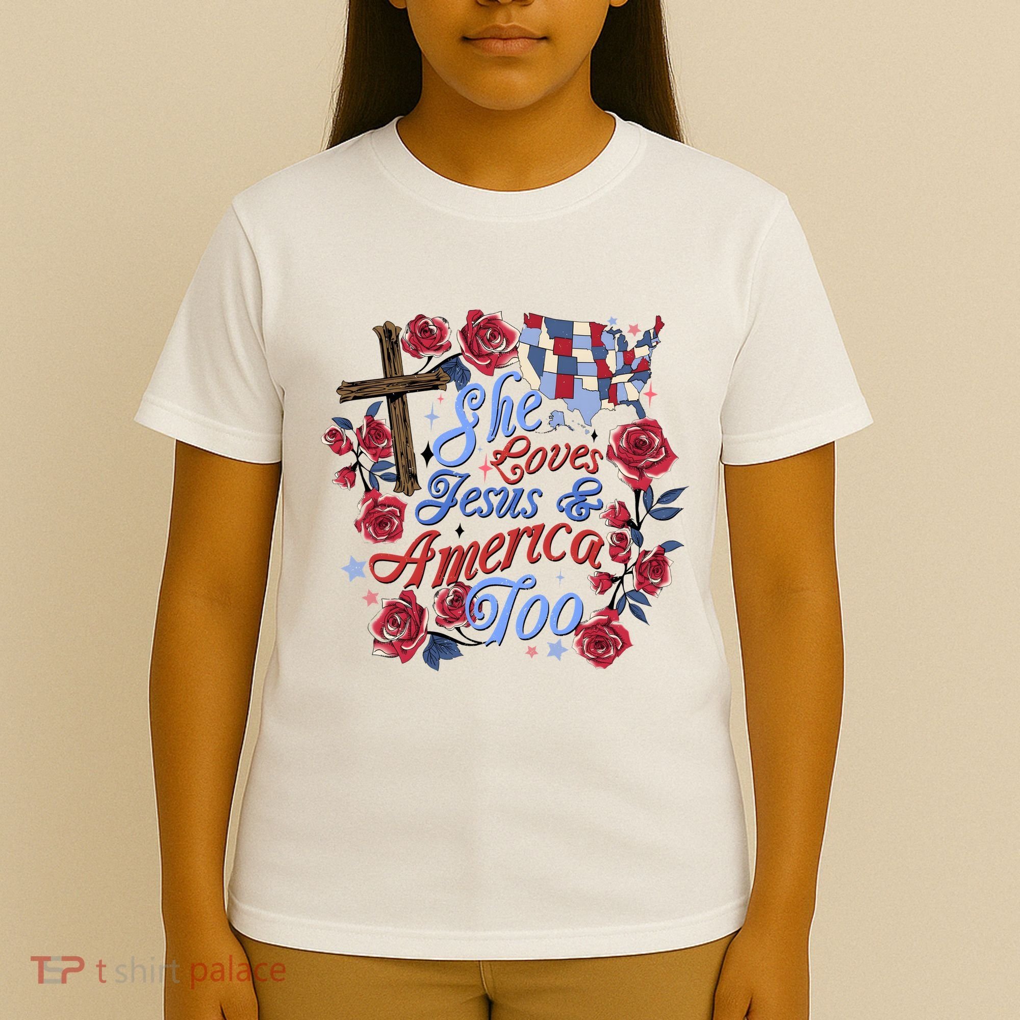 She Loves Jesus And America Too Floral Cross T-Shirt
