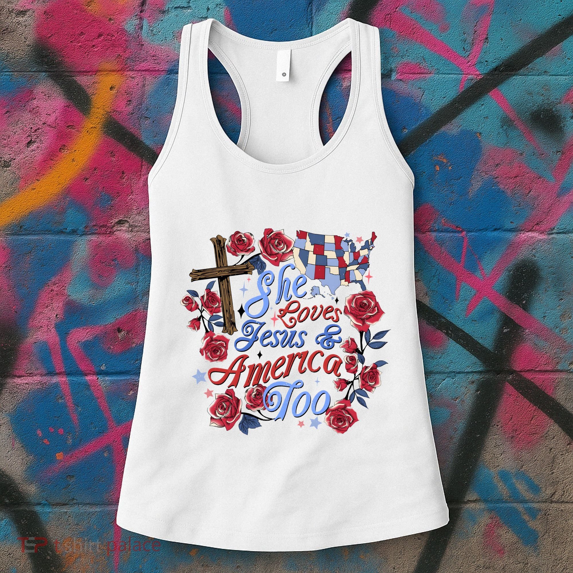 She Loves Jesus And America Too Floral Cross Women's Tank Top
