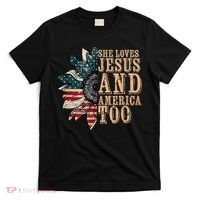 She Love Jesus And America Too Funny Sunflower America Flag T-Shirt thumb 0